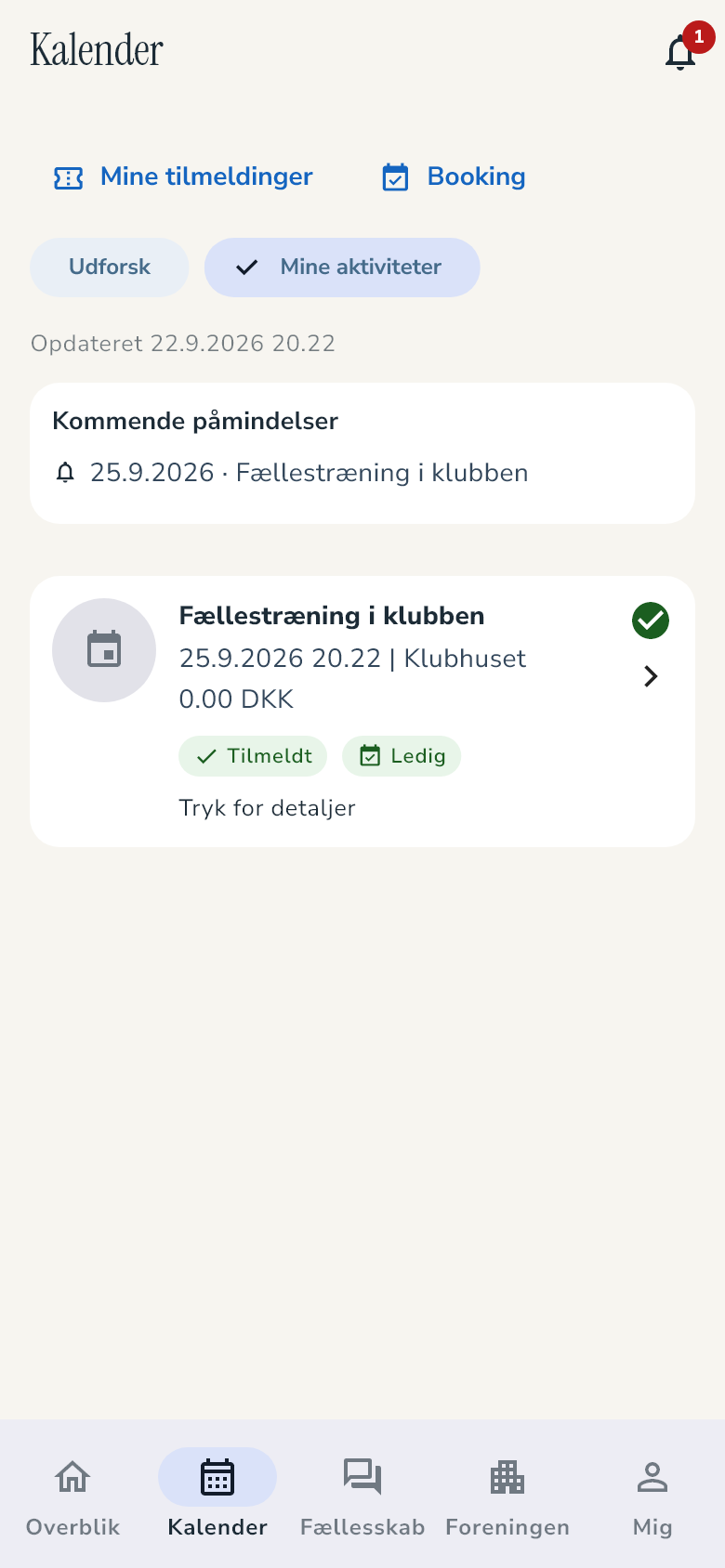 Appens kalender på dansk med eksempeldata